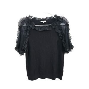 Sioni ​Black Mixed Media Mesh & Ruffle Blouse Top Size Large Short Sleeve V-Neck